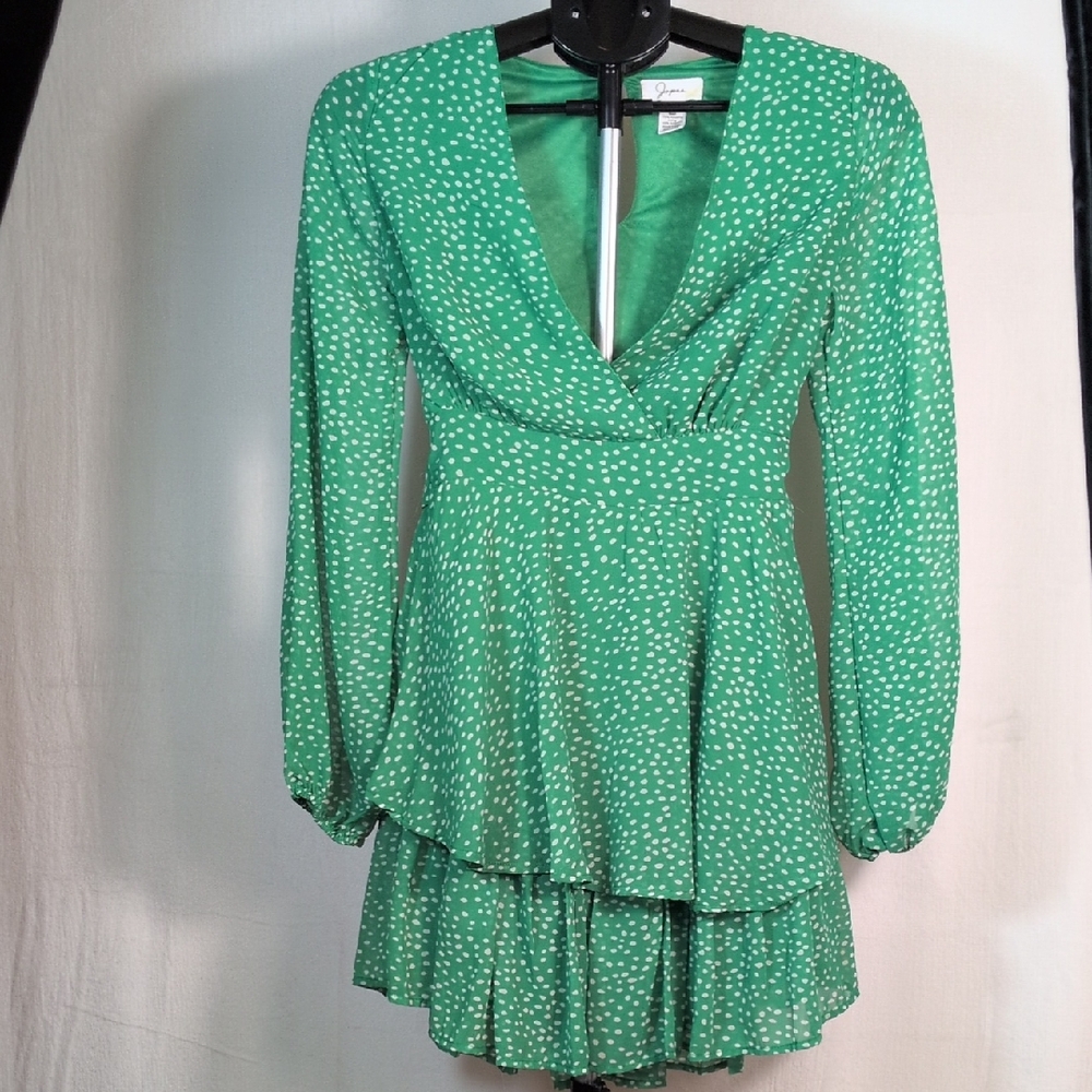 Kelly Green Long Sleeve Smocked Midi Dress with Polka Dots